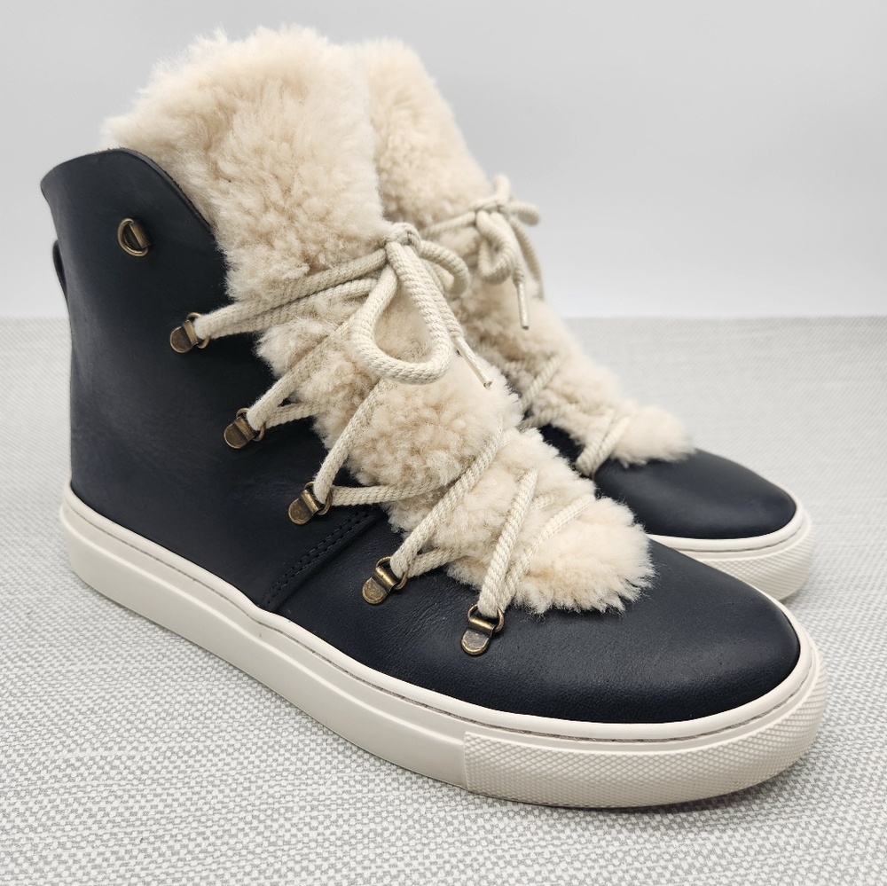 Zuzii Size 8 Black Leather Shearling Ankle Boots Women Lace Up Shoes
